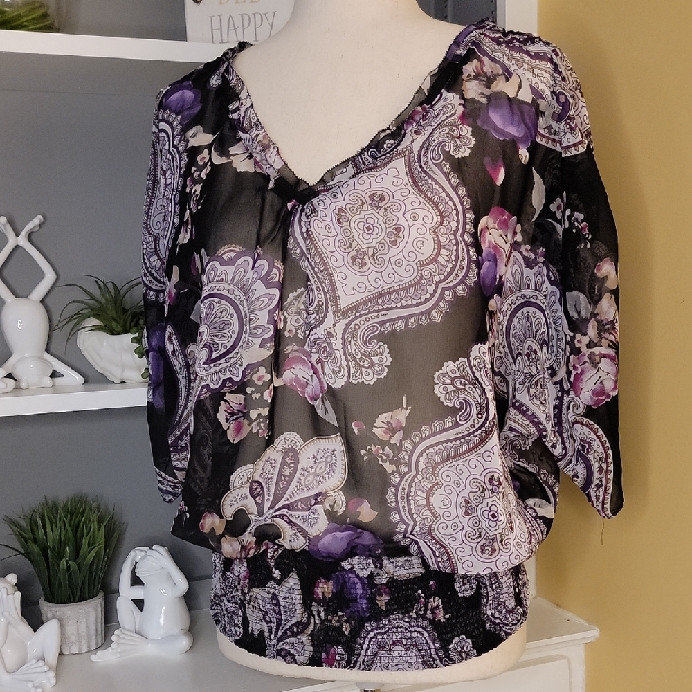 Black and Purple Paisley Sheer Blouse White House Black Market